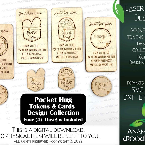 Pocket Hug Tokens and Cards (8 Digital Designs total) Laser Ready Design Bundle Glowforge files Cute Cuddle Hug pocket Coin keepsake gift