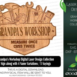 Paquete de diseños digitales del taller del abuelo (9 opciones de texto incluidas) Glowforge listo para láser Cobertizo del abuelo americano Taller Garaje Repararlo