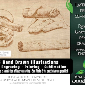 Bundle of 3 Cigar/Whisky Hand Drawn Illustrations |  laser engrave or Print Sub Cigar lover Whiskey vintage smoke cutting board stogie