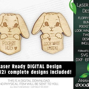 Könnte beinhalten: Zwei lasergeschnittene Holzdesigns mit einem Hasen, der eine Tasche mit dem Text "Pocket Hug" und "Look what I made!" hält. Laser-Ready Digital Design.