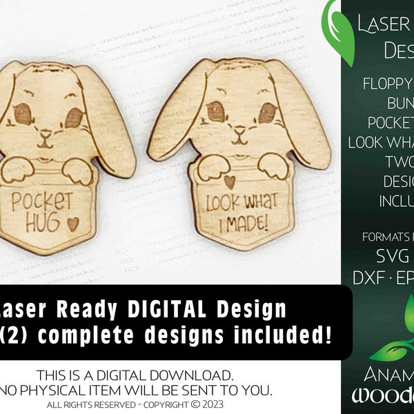 Baby Bunny Pocket Hug and Look What I made ( 2 Digital Designs) Laser Ready Glowforge Floppy eared rabbit farm Scrap buster Token gift Pal