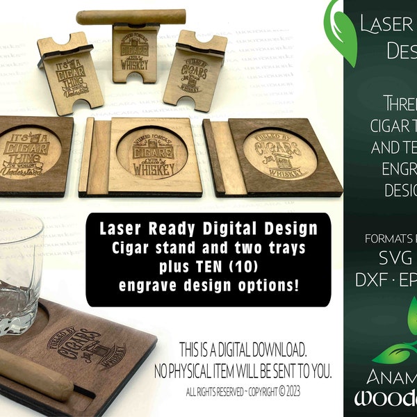 Cigar Stand, Coaster and Tray Laser Ready w 10 Designs | Glowforge Cut SVG Cigar Lover Aficionado Whiskey Bourbon Scotch Tap Dat Ash