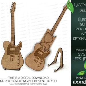 Puede incluir: Diseño de corte por láser para un soporte de púa de guitarra eléctrica con un soporte opcional. El diseño se muestra en madera marrón e incluye el texto "Laser Ready Design", "Electric Guitar Pick Holder with Optional Stand", "Formats Provided: SVG.PDF EPS.JPG.PNG" y "Anamcara Woodworks".