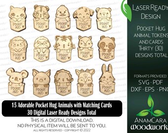 Fichas de animales de bolsillo HUG y tarjetas a juego (30 diseños digitales en total) Paquete de diseños listos para láser Archivos Glowforge Lindo regalo de moneda Cuddle Hug
