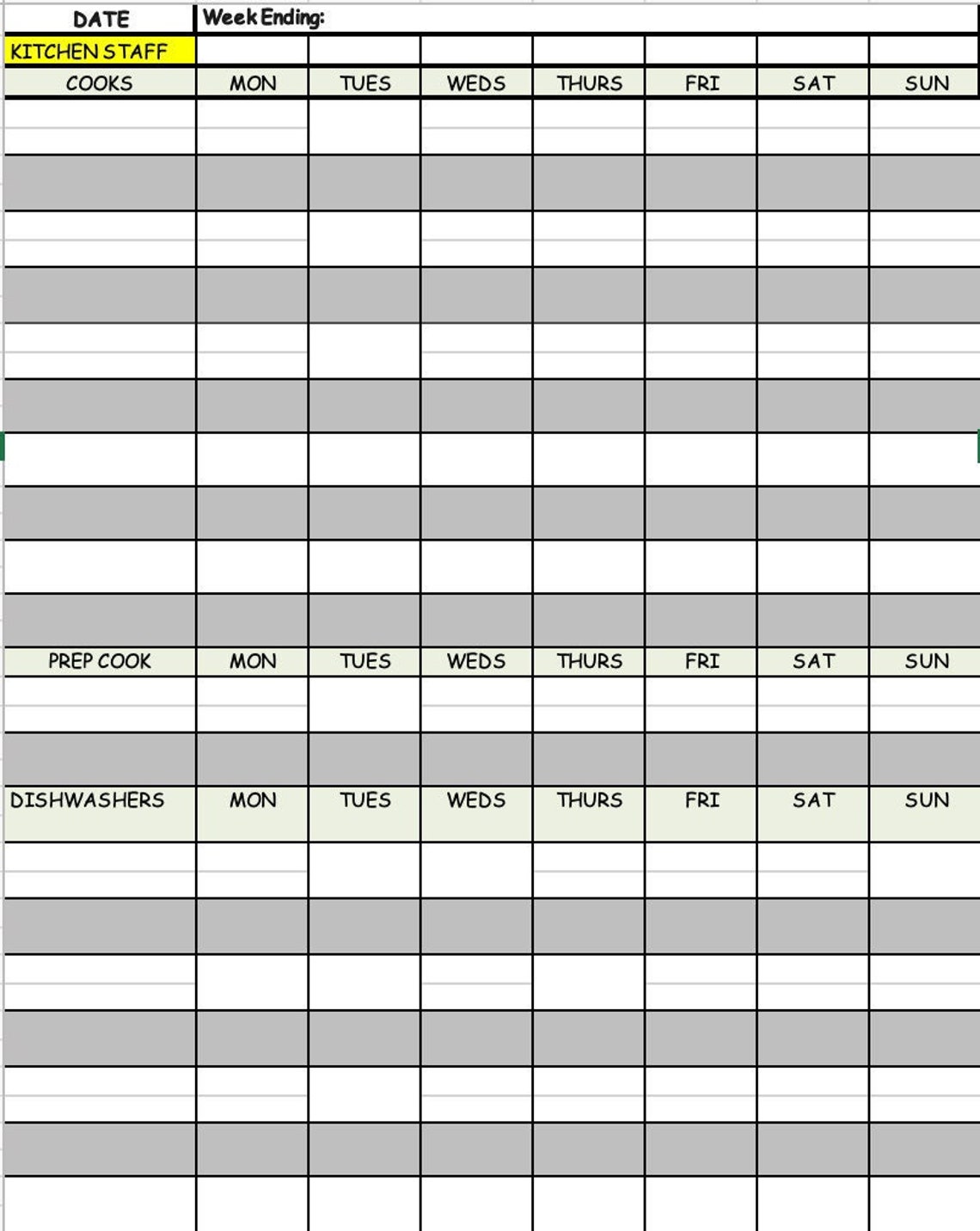 EXCEL Kitchen Schedule Template Digital File Weekly Business | Etsy