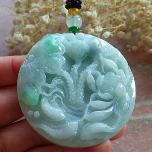 Certified Hand Carved Green Myanmar Burma Natural Grade A Jade jadeite Gold Fish Lotus Flower Lucky Amulet Pendant Necklace