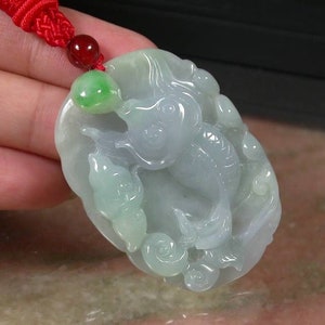 Certified Hand Carved Green Myanmar Burma Natural A Jade jadeite Gold Fish Lotus Pendant Necklace