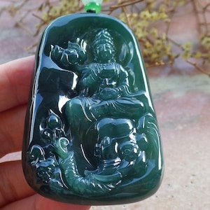 Certified Hand Carved Blue Water Green Myanmar Burma Natural A Jade jadeite Guanyin Kwan Yin Pendant Necklace