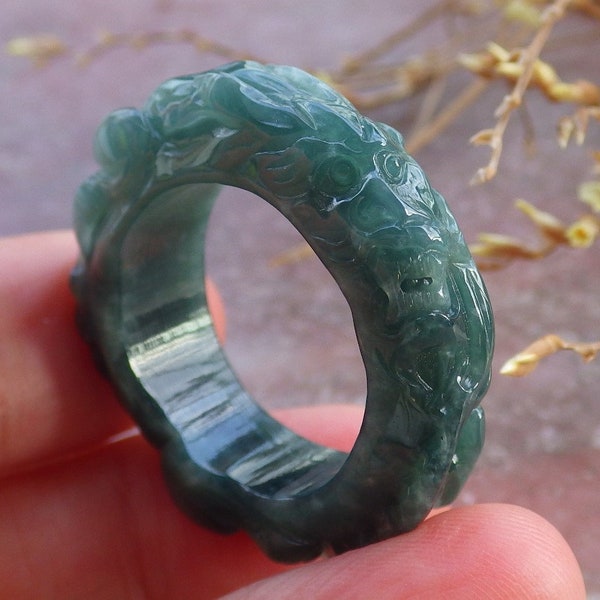 Certified Hand Carved Natural Myanmar Burma A JADE Jadeite Zodiac Dragon Lucky Amulet Ring US 10