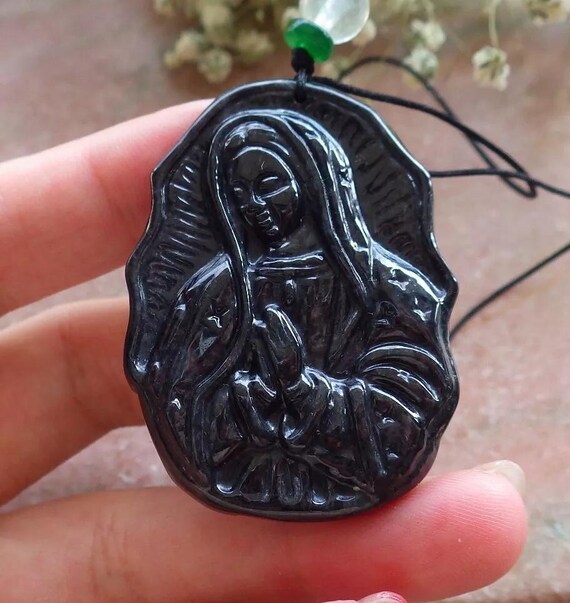 Certified Hand Carved Natural Myanmar Black Burma A Jade Jadeite Catholic Church Virgin Mary Pendant Necklace Etsy Canada