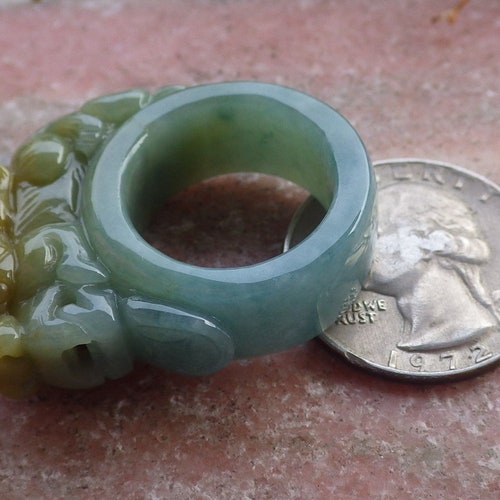 Certified Hand Carved Green Yellow Natural Myanmar Burma A JADE Jadeite Dragon Pi Xiu shops Ring US 6.5