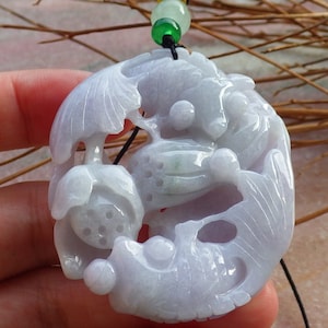 Certified Hand Carved Myanmar Burma Natural Grade A Jade jadeite Gold Fish Lotus Flower Lucky Amulet Pendant Necklace