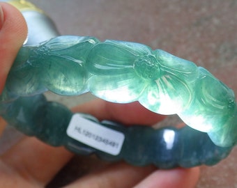 Certified Hand Carved Green Natural Myanmar Burma A JADE Jadeite Rose Flower Circle Bangle Bracelet 57mm