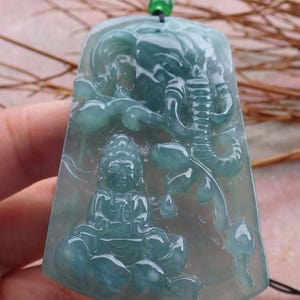 Certified Natural Hand Carved Myanmar Burma Green A Jade jadeite Guanyin Kwan Yin God Elephant Pendant Necklace