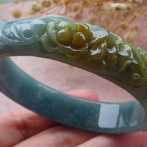 Certified Hand Carved Blue Water Green Yellow Natural Myanmar Burma A JADE Jadeite Bird Flower Phoenix Circle Bangle Bracelet 60mm