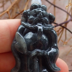 Certified Hand Carved Black Natural Myanmar Burma A Jade jadeite Zhong Kui God Bat Fan Lucky Amulet Pendant Necklace