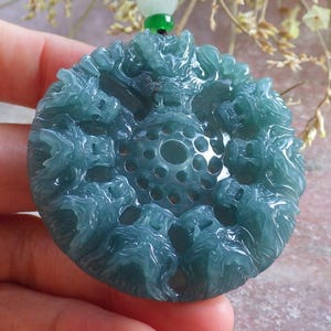 Certified Hand Carved Icy Blue Water Green Natural Myanmar A Jade jadeite 9 Dragon Spit Bead Lucky Amulet Pendant Necklace