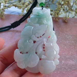 Certified Hand Carved Natural Green Myanmar Burma A Jade jadeite Zodiac Rabbit Lotus Flower Pendant Necklace