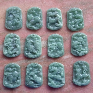 Certified Hand Carved Natural Burma A Jade Jadeite Zodiac 12 Animal Zodiac Signs Pendant Necklace ( Dog Tiger Rabbit Mouse Rooster Sheep )