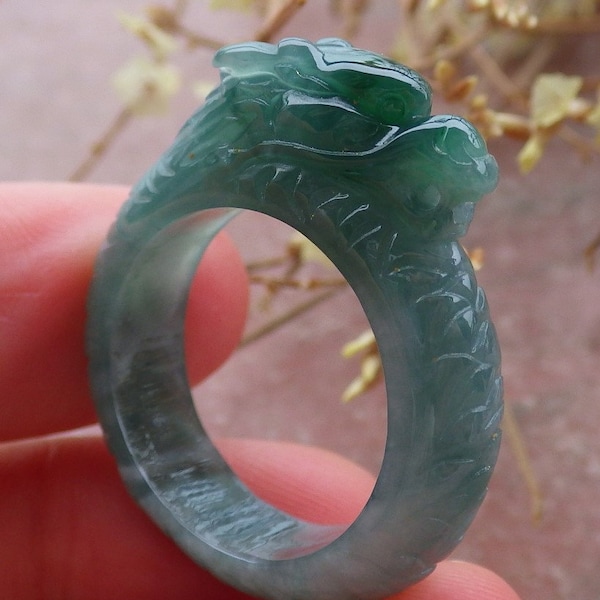 Certified Hand Carved Green Natural Myanmar Burma A JADE Jadeite Dragon US 9 Ring