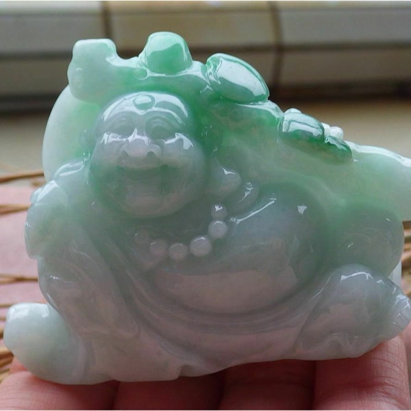 Certified Hand Carved Green Natural Myanmar Burma A Jade jadeite Happy Buddha God Ruyi Display with Wood Stand