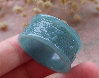 Certified Hand Carved Natural Myanmar Burma A JADE Jadeite Lucky Amulet Buddha Mantra Thumb Ring US 12.5