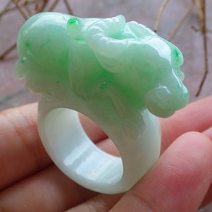 Certified Hand Carved Green Natural Myanmar Burma A Jade Jadeite Cow Ox Ring US 9.75