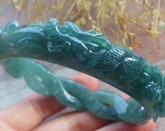 Certified Hand Carved Green Natural Myanmar Burma A JADE Jadeite Dragon Circle Bangle Bracelet 66mm
