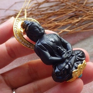 Certified Sterling Silver 925 Natural Burma A Hand Carved Black Green Jade Jadeite Guanyin Kwan Yin Buddha God Pendant Necklace with Chain