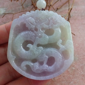 Certified Hand Carved Green Lavender Natural Myanmar Burma A Jade Jadeite Dragon Pendant Necklace