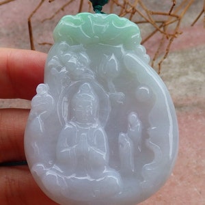 Certified Hand Carved Green Myanmar Burma Grade A Jade jadeite Guanyin Kwan Yin Pendant Necklace