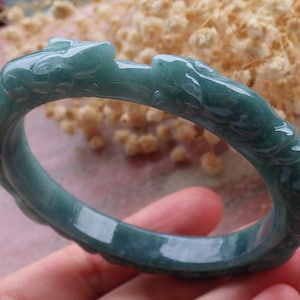 Certified Hand Carved Icy Blue Water Green Natural Myanmar Burma A JADE Jadeite Fox Circle Bangle Bracelet 57mm