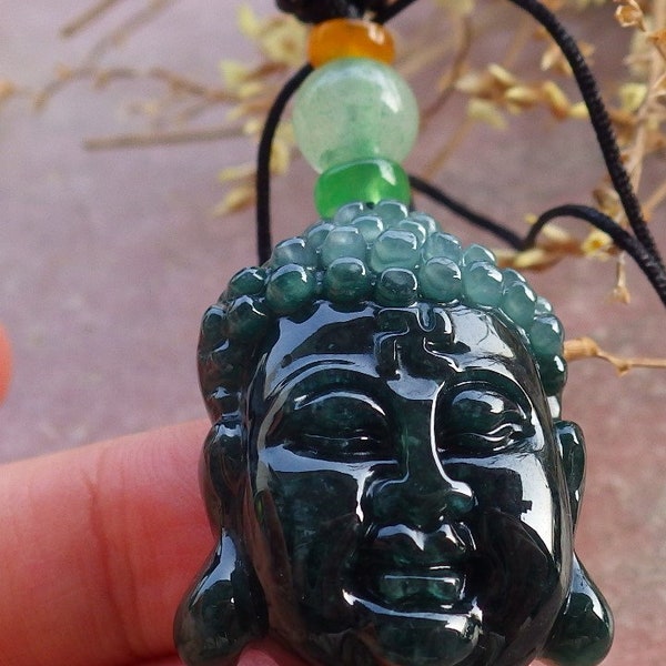 Certified Hand Carved Green Natural Myanmar Burma A Jade Jadeite Shakyamuni Buddha God Pendant Necklace