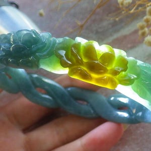 Certified Hand Carved Blue Water Green Natural Myanmar Burma A JADE Jadeite Rose Flower Circle Knotted Bangle Bracelet 68mm
