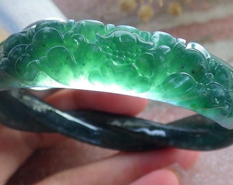 Zertifizierte Hand geschnitzte Blue Water Green Natural Myanmar Burma Eine JADE Jadeit Rose Blume geknotete Kreis Armreif Armband 56 mm