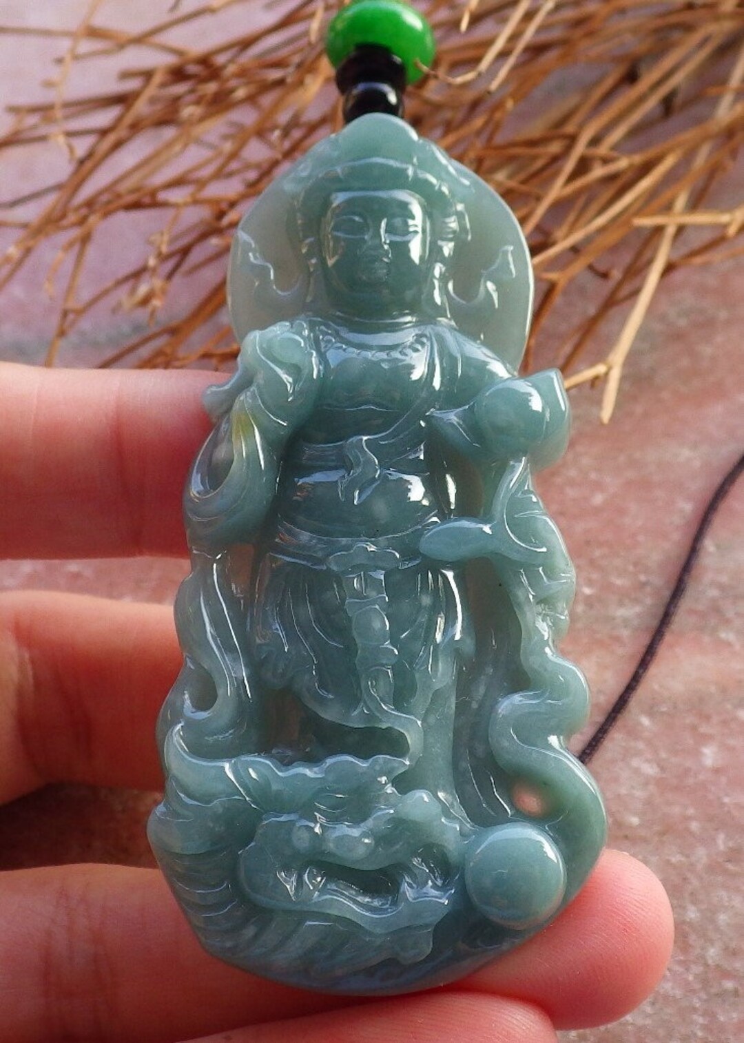 Collana Artigianale Con Ciondolo Buddha Guan Yin In Giada Naturale – Portafortuna, Regolabile