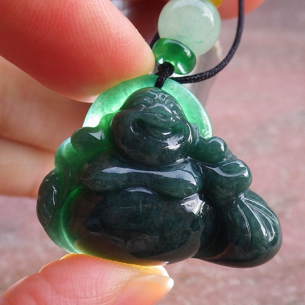 Certified Hand Carved Natural Myanmar Burma A Jade jadeite Happy Buddha God Pendant Necklace