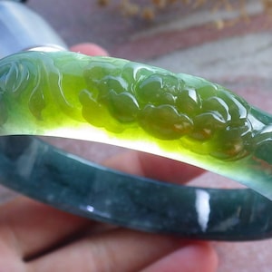 Certified Hand Carved Blue Water Green Natural Myanmar Burma A JADE Jadeite Rose Flower Circle Bangle Bracelet 66mm