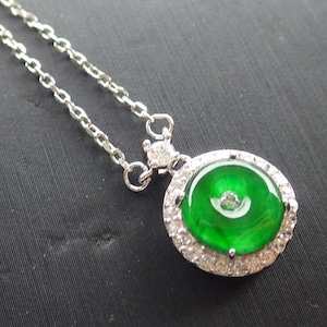 Certified Sterling Silver 925 Natural Myanmar Burma Grade A Hand Carved Jade Jadeite Icy Green Circle Donut Pendant Necklace
