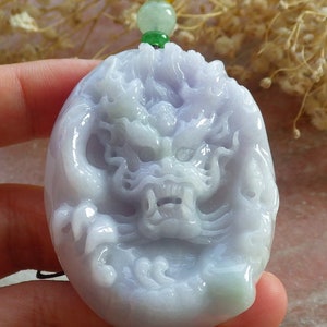 Certified Hand Carved Lavender Green Natural Myanmar Burma Grade A Jade jadeite Dragon Lucky Amulet Pendant Necklace