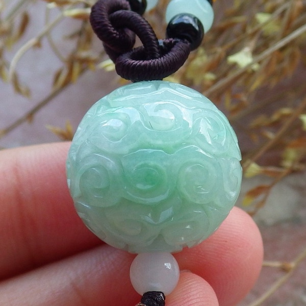 Certified Hand Carved Green Natural Myanmar Burma A Jade Jadeite Barrel Circle Donut Ruyi Pendant Necklace