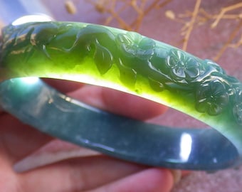 Certified Hand Carved Icy Blue Water Green Natural Myanmar Burma A JADE Jadeite Flower Circle Bangle Bracelet 67mm