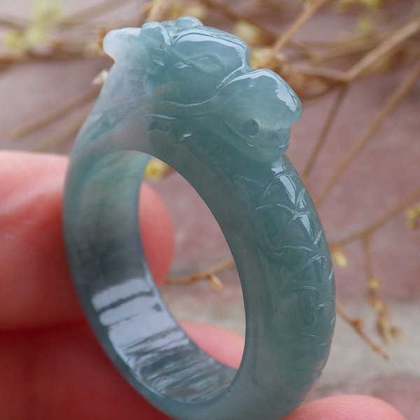 Certified Hand Carved Green Natural Myanmar Burma A JADE Jadeite Dragon US 10 Ring