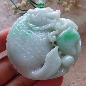 Certified Hand Carved Natural Hand Carved Burma A Jade Jadeite Dragon Fish Peach Lucky Amulet Pendant Necklace