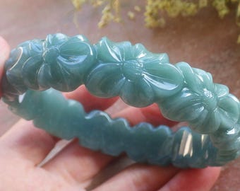 Certified Hand Carved Blue Water Green Natural Myanmar Burma A JADE Jadeite Rose Flower Circle Bangle Bracelet 66mm