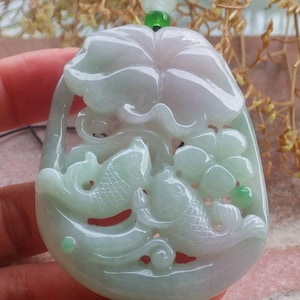 Certified Hand Carved Natural Myanmar Burma Grade A Jade Jadeite Fish Lotus Leaf Ruyi Pendant Necklace