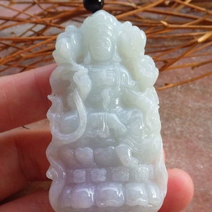 Certified Natural Hand Carved Myanmar Burma Green A Jade jadeite Guanyin Kwan Yin God Pendant Necklace