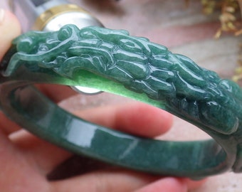 Certified Hand Carved Icy Blue Water Green Natural Myanmar Burma A JADE Jadeite Dragon Circle Bangle Bracelet 66mm