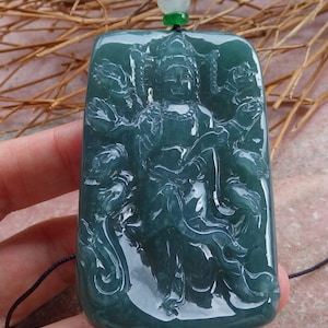 Certified Natural Hand Carved Myanmar Burma Green A Jade jadeite 1000 Hand Guanyin Kwan Yin God Pendant Necklace