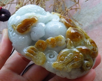 May include: A jade pendant carved with a dragon and clouds, with brown and green tones.
